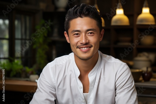笑顔の白シャツ男性、20〜40代、アジア系（中国人、日本人）