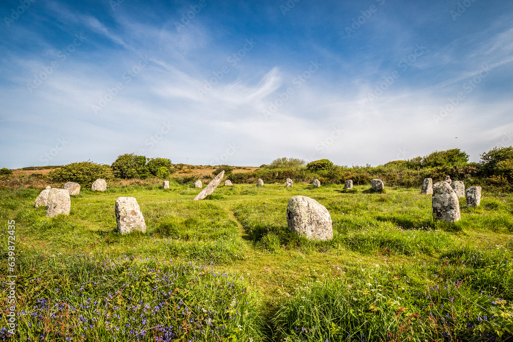 The Boscawen-un stone circle, near St Buryan, Cornwall, UK. 