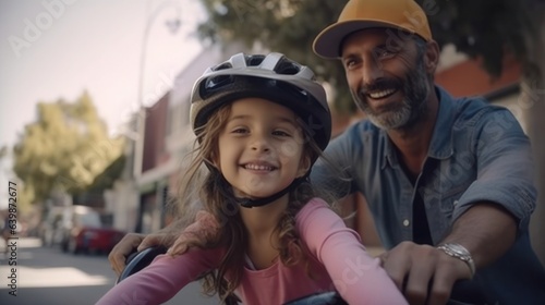 Father and daughter ride bicycle father day concept