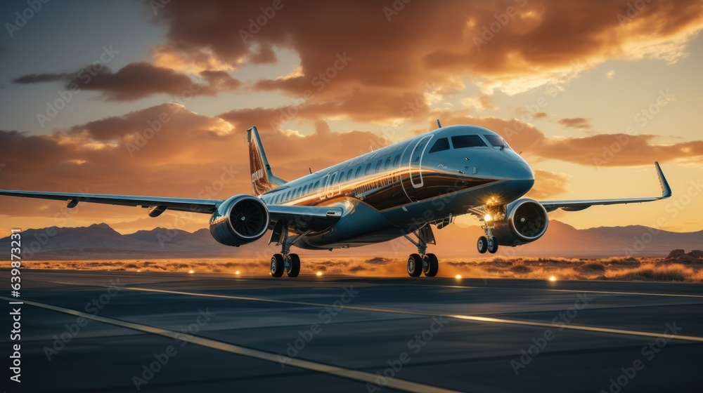 A large private jet takeoff from an airport runway at sunset or dawn with the landing gear down and the landing gear down, as the plane is about to take off.