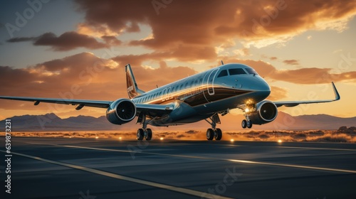 A large private jet takeoff from an airport runway at sunset or dawn with the landing gear down and the landing gear down  as the plane is about to take off.