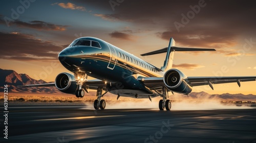 A large private jet takeoff from an airport runway at sunset or dawn with the landing gear down and the landing gear down, as the plane is about to take off. © ND STOCK