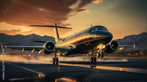 A large private jet takeoff from an airport runway at sunset or dawn with the landing gear down and the landing gear down, as the plane is about to take off.