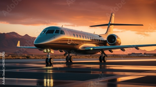 A large private jet takeoff from an airport runway at sunset or dawn with the landing gear down and the landing gear down, as the plane is about to take off.