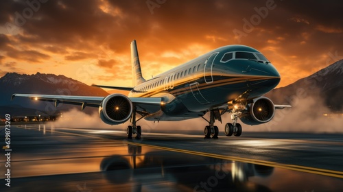 A large private jet takeoff from an airport runway at sunset or dawn with the landing gear down and the landing gear down, as the plane is about to take off. © ND STOCK