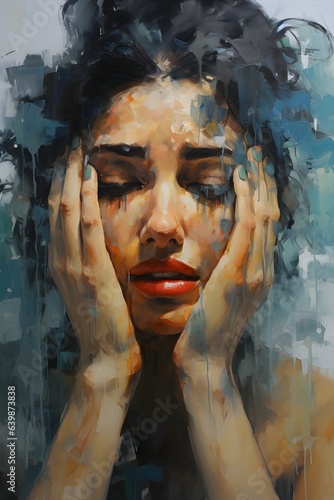 Digital illustration  closeup portrait of a distressed woman  young attractive women feeling anxiety and stress