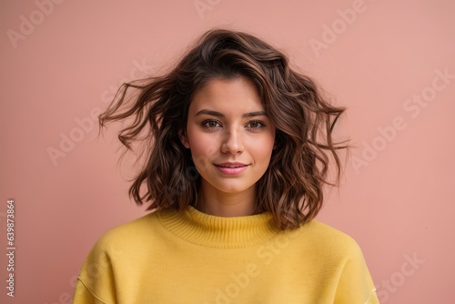 Funny young brunette woman girl in yellow sweater posing isolated on pastel pink wall background studio portrait. People sincere emotions lifestyle concept. Mock up copy space