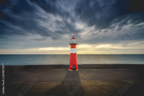 Red & white vintage lighthouse at dutch coast in west kapelle