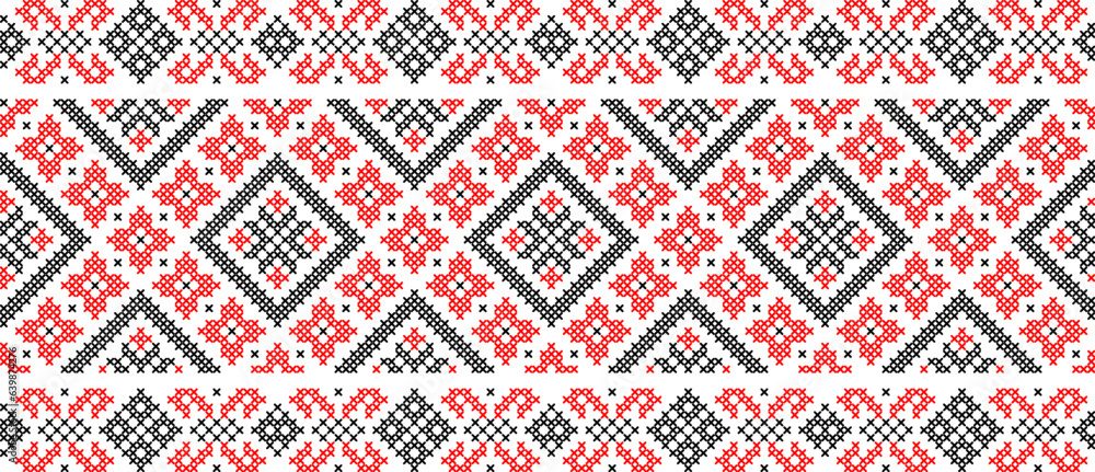 Vector illustration of Ukrainian ornament in ethnic floral style, identity, vyshyvanka, embroidery for print clothes, websites, banners. Background. Geometric design, frame for text, copy space