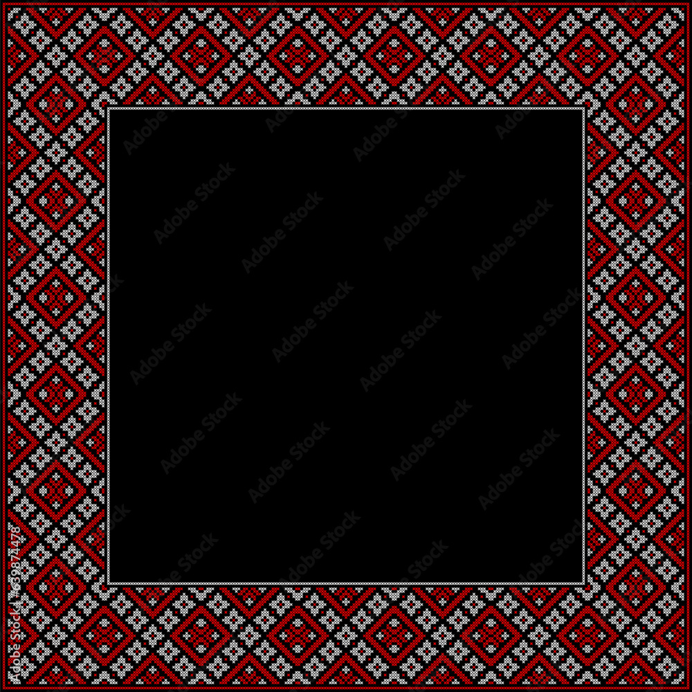 Obraz premium Vector illustration of Ukrainian ornament in ethnic floral style, identity, vyshyvanka, embroidery for print clothes, websites, banners. Background. Geometric design, frame for text, copy space