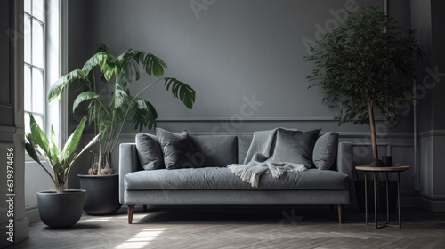 Grey sofa with pillows and houseplant near white wall.