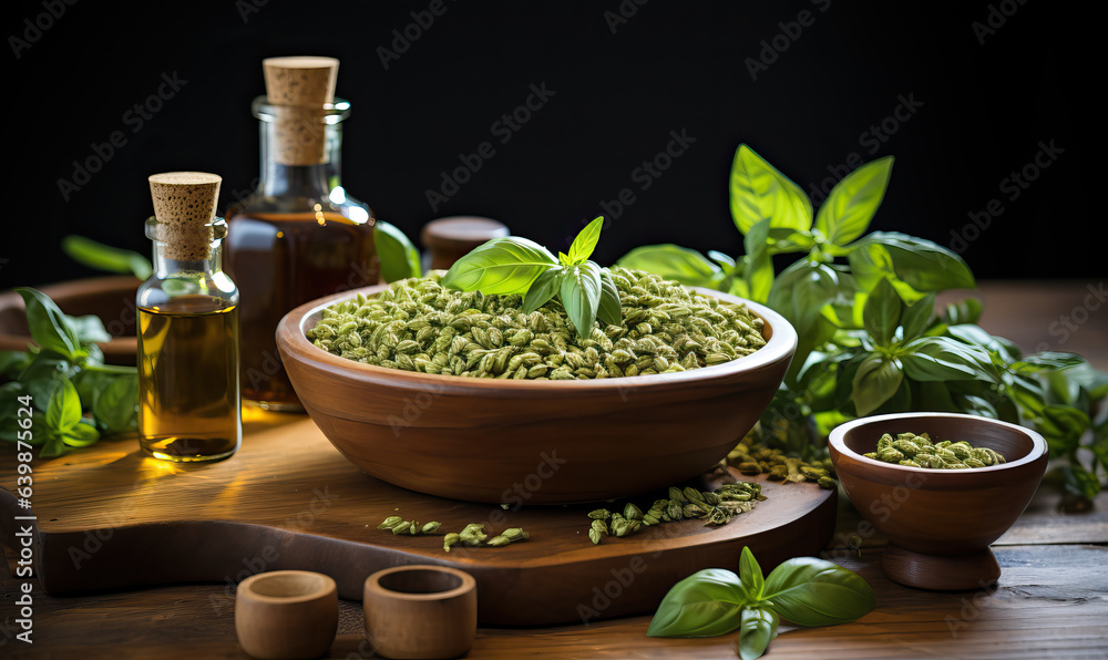 Basil in a cup on a dark background. Basil in a cup on a dark background.