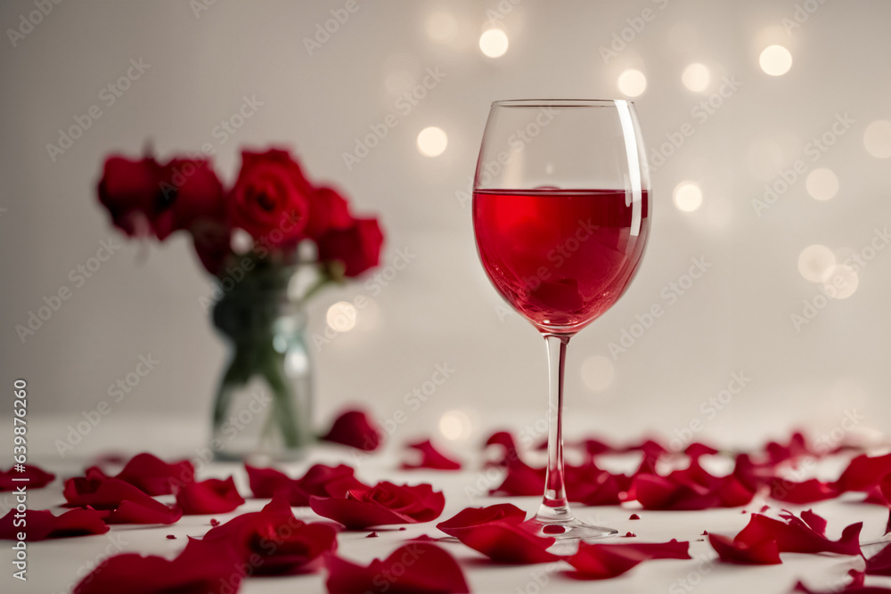 Glass of red wine with rose petals Glass of red wine with rose petals