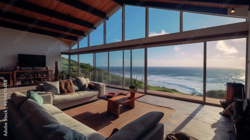 modern luxury living room with a couch in front of a large window overlooking the sea. Generative AI