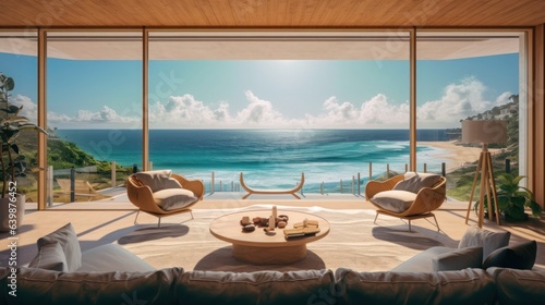 modern luxury living room with a couch in front of a large window overlooking the sea. Generative AI © sambath