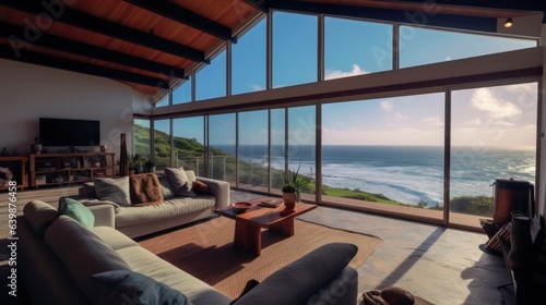 modern luxury living room with a couch in front of a large window overlooking the sea. Generative AI © sambath
