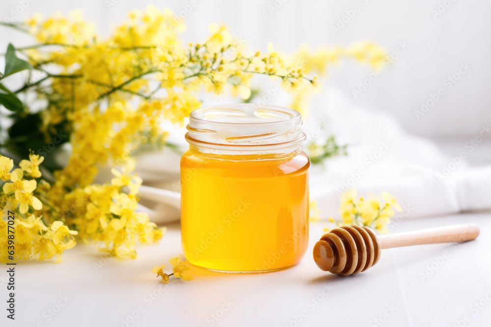 Jar of honey, mimosa and honey spindle on a light background with copyspace. Jar of honey, mimosa and honey spindle on a light background with copyspace.