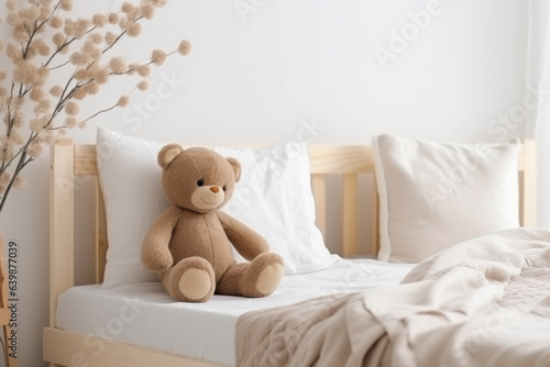 Plush bear on a bed in a bright bedroom.