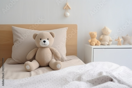 Plush bear on a bed in a bright bedroom.