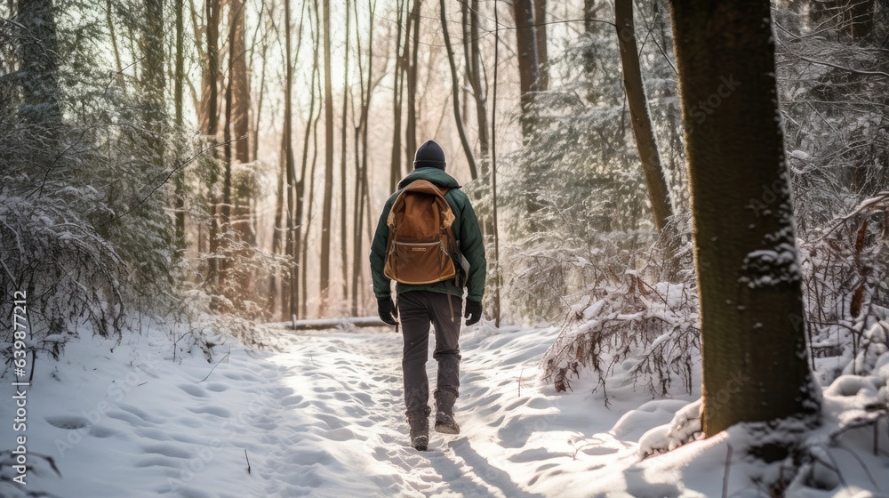 Male hiker, full body, view from behind, walking through a snowy forest