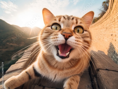 A cute and happy cat smiles while taking a selfie in front of the Great Wall of China