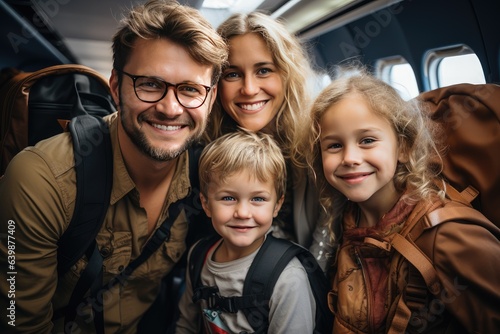 View of travelers family with backpack and suitcases in the airplane after arrival. Family vacation concept