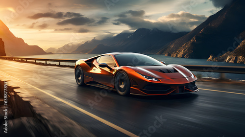 sport car  in the Highway with the beautiful nature landscape view