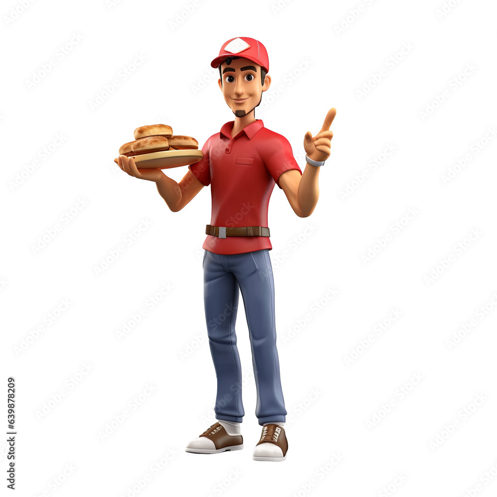 Food delivery person. 3D cartoon characters. Isolated background, animated character. Food delivery person. 3D cartoon characters. Isolated background, animated character.