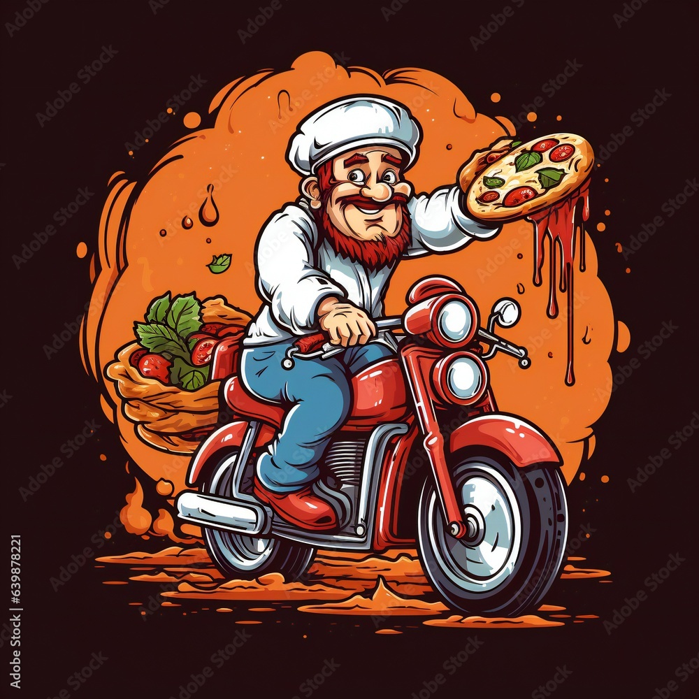 pizza chef in his chef whites delivering pizza on his moped.. Generative ai