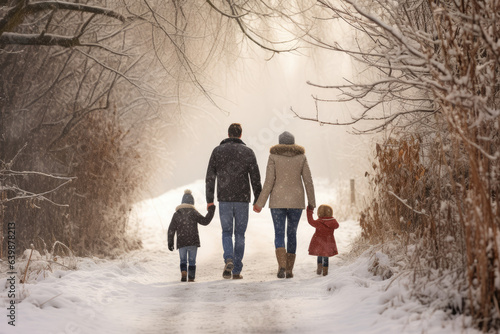 Eine Familie macht einen Winterspaziergang an einem schönen Wintertag