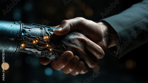 close up of male hands holding robot handshake with glowing light background