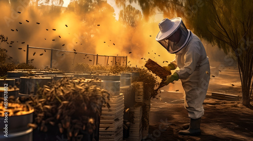 Male beekeeper wearing protective suit checking bee hive, man beekeeper holding taking care bee hive