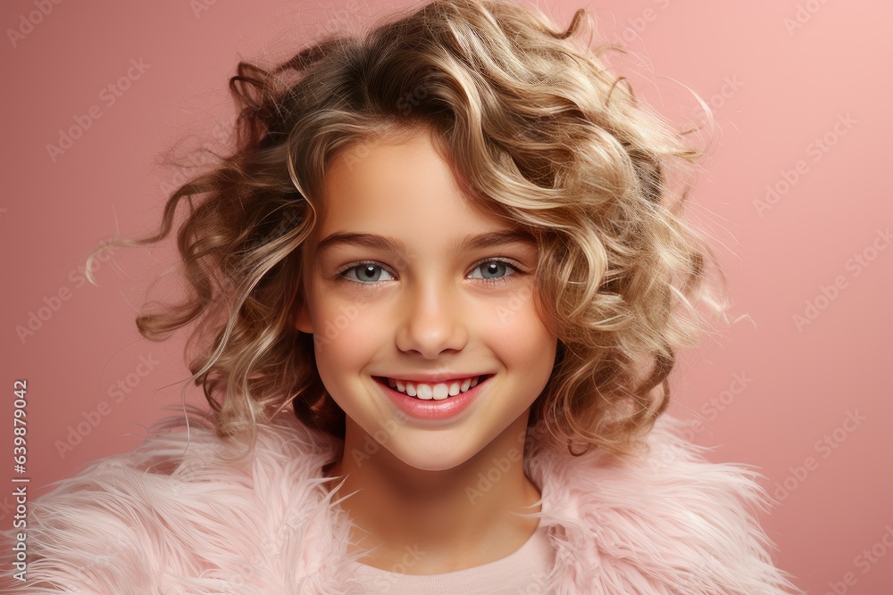 Portrait of cute little blonde toddler happy girl child over pink background. Looking at camera and smiling. Advertising childrens products.