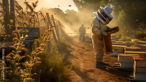 Male beekeeper wearing protective suit checking bee hive, man beekeeper holding taking care bee hive © AspctStyle