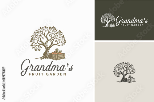 Old Tree with Wooden Crates Silhouette of Fruit lie Apple and Pineapple for Rural Garden Farm Orchard Harvest Classic Vintage Logo Design