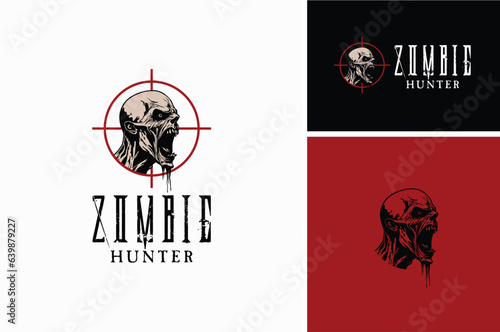 Aim Target Crosshair Gun Shot Focus Lens with Bloody Zombie Head Silhouette for Apocalypse Corpse Hunter Battle War Game or Halloween Horror Movie Illustration Logo Design
