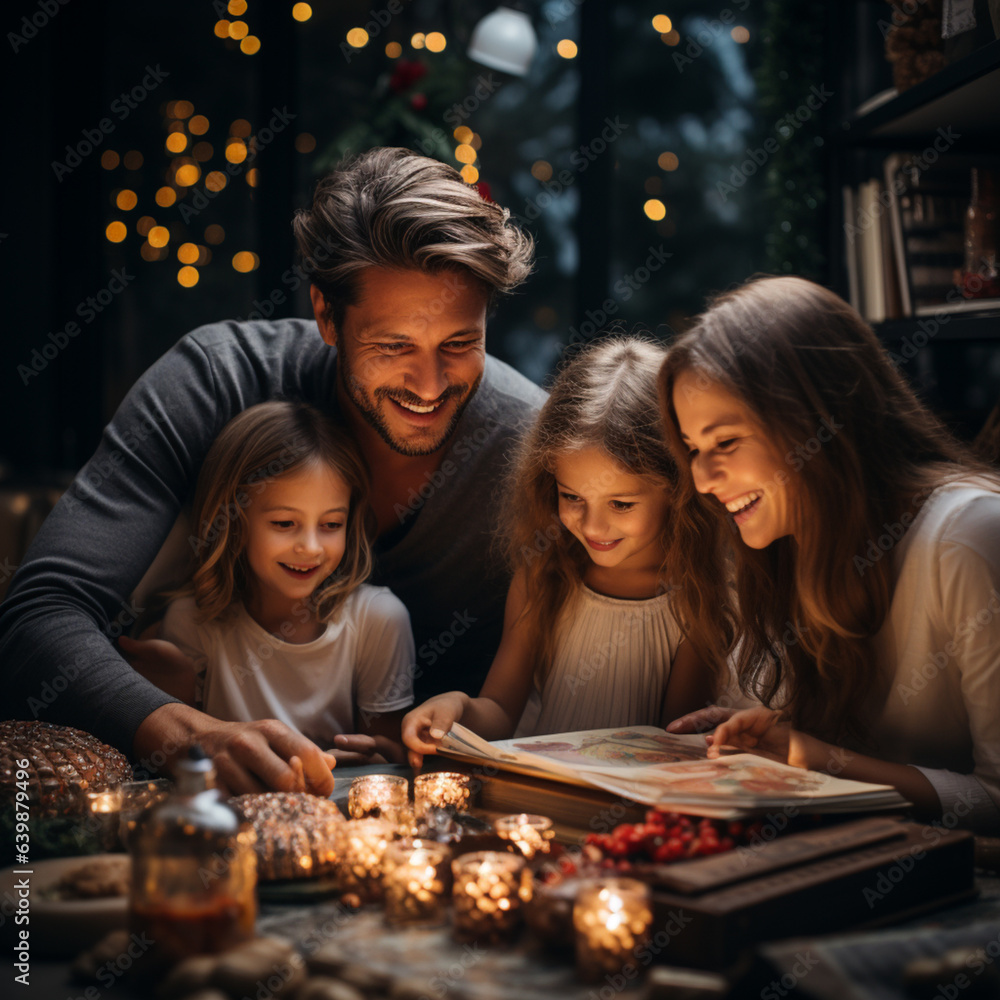 Christmas, children and family celebrate Christmas with gifts under a Christmas tree, ai generated