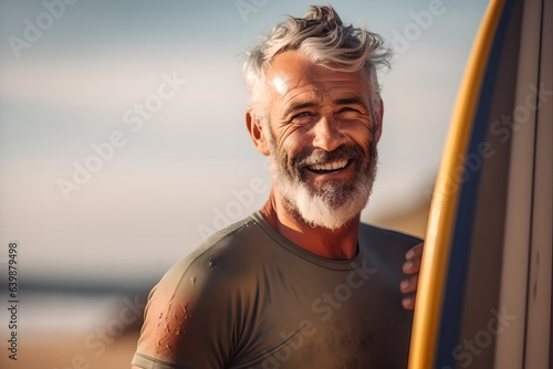 portrait man with surfboard standing on the beach. Confident man with a stand up paddleboard at sunset, health lifestyle and sport © AspctStyle