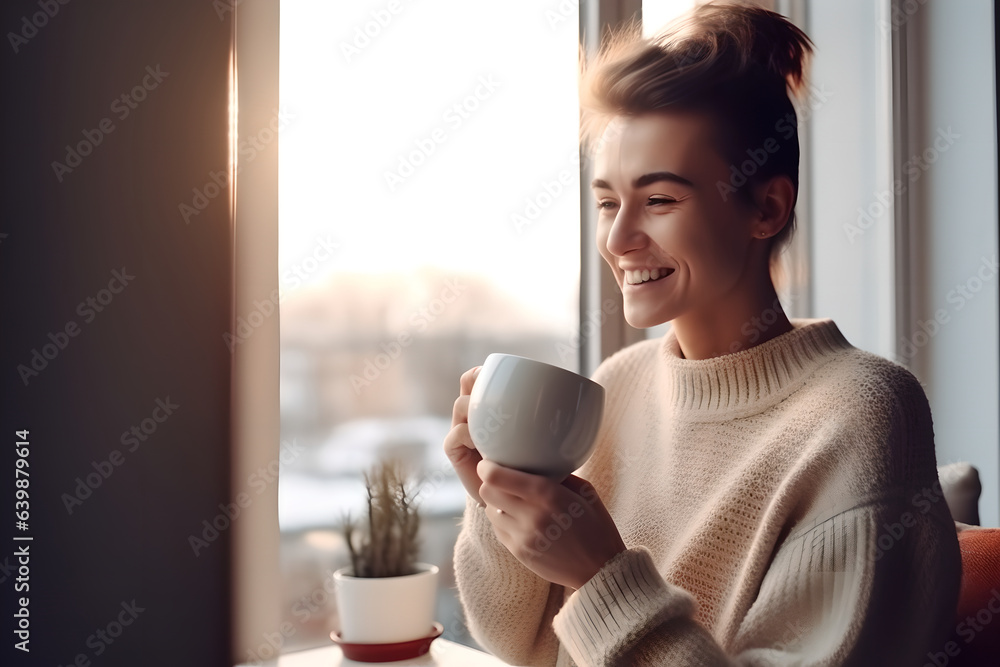 Portrait of happy young woman enjoying a cup of coffee at home, beautiful smiling woman drink coffee in morning