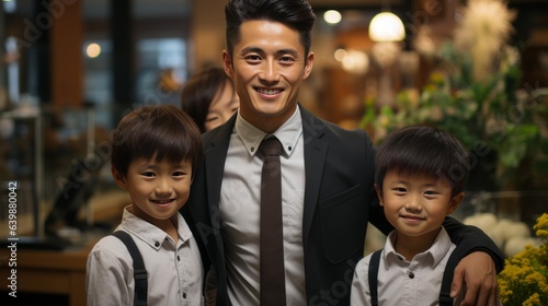 モダンオフィスの幸せなアジアの少年とチーム
