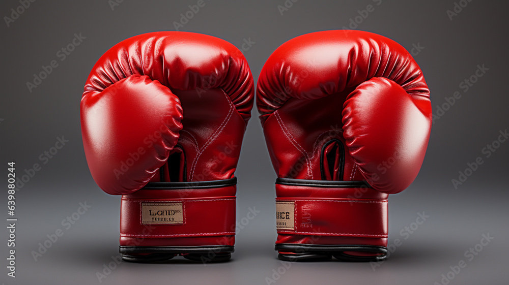two boxing gloves on wooden table.