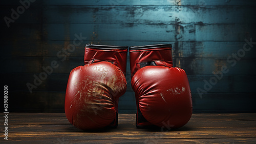 two boxing gloves on wooden table.
