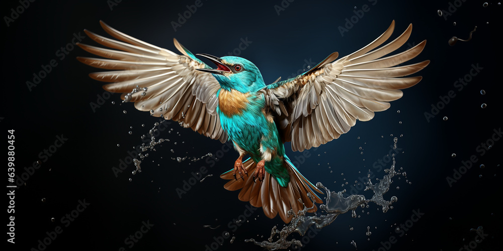 Seltener Kolibri Eisvogel in türkis fliegt Nahaufnahme in Zeitlupe Zeitraffer als Querformat für Banner, ai generativ Seltener Kolibri Eisvogel in türkis fliegt Nahaufnahme in Zeitlupe Zeitraffer als Querformat für Banner, ai generativ