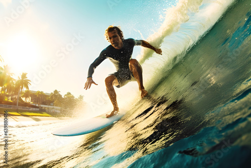 Professional surfer riding waves in beach, men surfer catching waves on Blue Ocean, Surfing action water board sport activity on summer vacation
