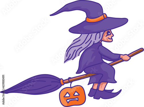 Witch flying on a broomstick. Mythical evil character for Halloween, fairytale
