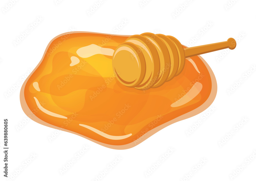 Puddle of honey with wooden stick vector illustration. Sweet sticky honey puddle and wooden dipper icon vector isolated on a white background. Golden honey splash drawing Puddle of honey with wooden stick vector illustration. Sweet sticky honey puddle and wooden dipper icon vector isolated on a white background. Golden honey splash drawing