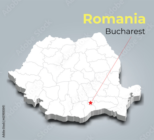 Romania 3d map with borders of regions and it’s capital