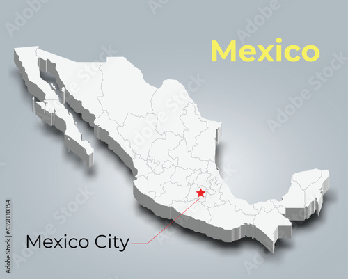 Mexico 3d map with borders of regions and it’s capital