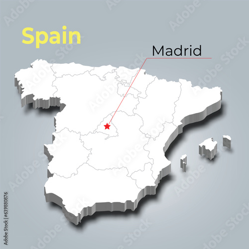Spain 3d map with borders of regions and it’s capital