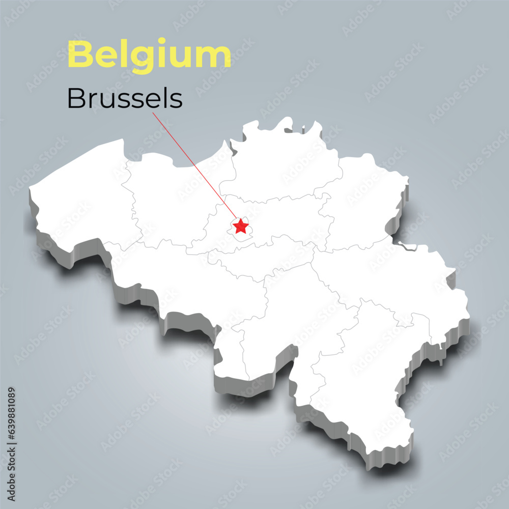Belgium 3d map with borders of regions and it’s capital